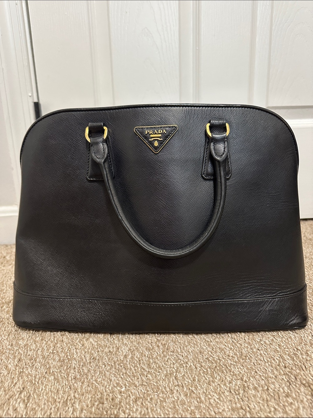 Prada Black Saffiano Leather Promenade Dome Satchel Handbag with Gold Hardware